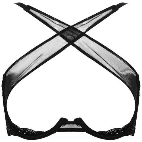 Freebily Frauen Hebe BH Ouvert Dessous Spitze Büstenhebe Offen Mit Bügel Transparente Leder Büstenhalter Brust Offen Reizwäsche Schwarz XL von Freebily