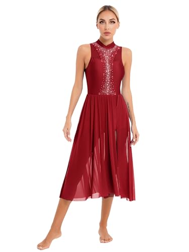 Freebily Frauen Tanzkleid Glitzer Lyrisch Latin Ballsaal Walzer Kleid Tanz Ballett Leotard Swing Kleid Moderne Tanzkostüme Contemporary Dance Dress A_Burgundy S von Freebily