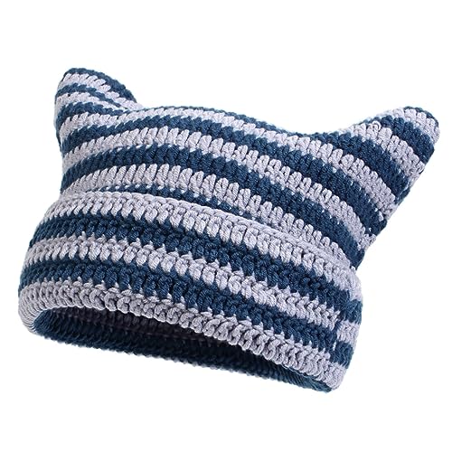 Freebily Gestrickt Wintermütze Niedlich Strickmützen Gestreifte Katzenohren Beanies Wintermütze Kopfbedeckung Damen Mädchen Geschenk Blau&Grau One Size von Freebily