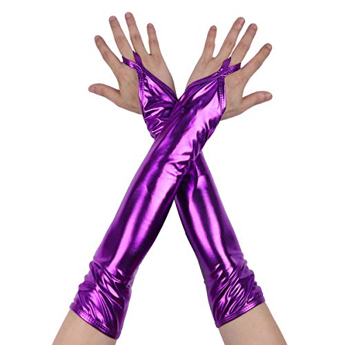 Freebily Glänzend Fingerlose Handschuhe Metallic/Fischschuppen gedruckt Armstulpen Silberne Handschuhe Gogo Party Kostüm Zubehör Nachtclub Clubwear A Violett One Size von Freebily