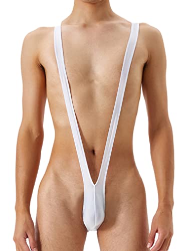Freebily Herren Body Einteiler String Bodysuiit Tiefer V-Ausschnitt Bikini Bademode Tanga Thong Stretch Suspender Unterwäsche Dessous Weiß XL von Freebily