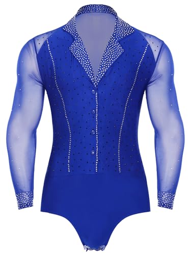 Freebily Herren Body Langarm Einteiler Glitzer Strass Mesh Latein Tanz Hemdbody Mit Revers Ballsaal Standard Tanz Kostüm Leotard Blau 3XL von Freebily