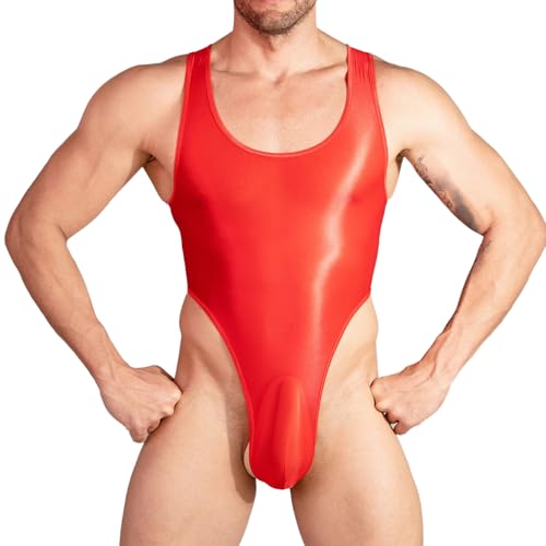 Freebily Herren Bodysuit Glänzend Ölige Stringbody Männer High Cut Transparent Singlet Tank Top Thong Leotard Reizwäsche Sportwear Rot Einheitsgröße von Freebily