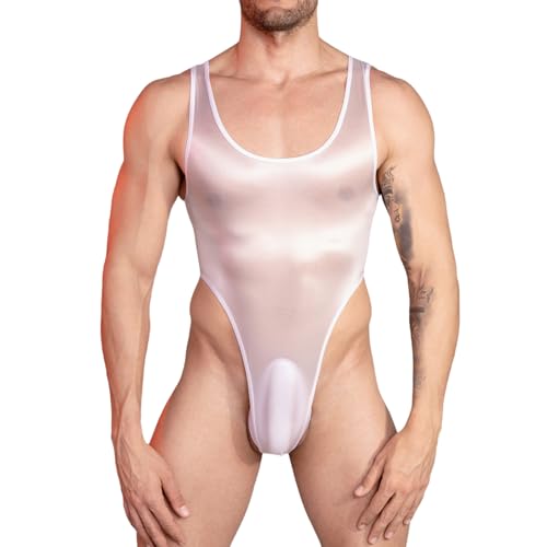 Freebily Herren Bodysuit Glänzend Ölige Stringbody Männer High Cut Transparent Singlet Tank Top Thong Leotard Reizwäsche Sportwear Weiß Einheitsgröße von Freebily