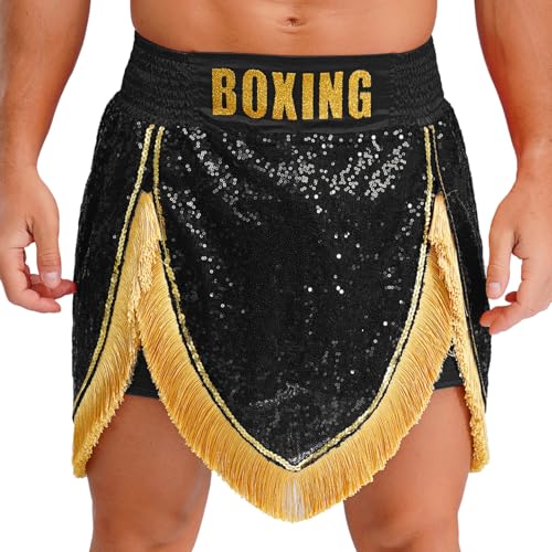 Freebily Herren Boxerhose Pailletten Muay Thai Fight Shorts mit Fransen Für MMA BJJ Grappling Kickboxen Sport Sparring Training Schwarz XL von Freebily