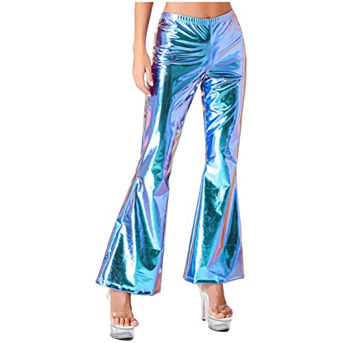 Freebily Herren Damen Glänzende Metallic Schlaghose Leggings Retro 70er 80er Disco Hose Karneval Fasching Kostüm Latein Tanzhosen Damen_Blau XXL von Freebily