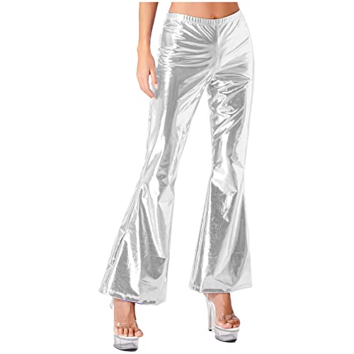 Freebily Herren Damen Glänzende Metallic Schlaghose Leggings Retro 70er 80er Disco Hose Karneval Fasching Kostüm Latein Tanzhosen Damen_Silber XXL von Freebily