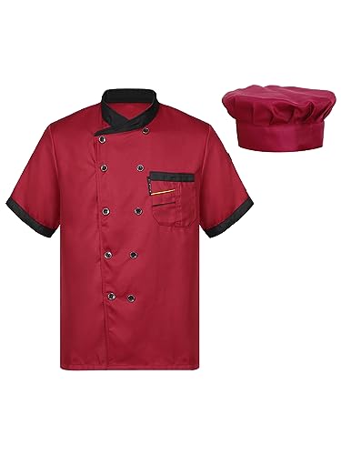 Freebily Herren Damen Kochjacke Chef Uniform Set Küchen Koch Jacke Mütze Gastromütze Set Restaurant Hotel Cafe Arbeitskleidung E_Burgundy L von Freebily