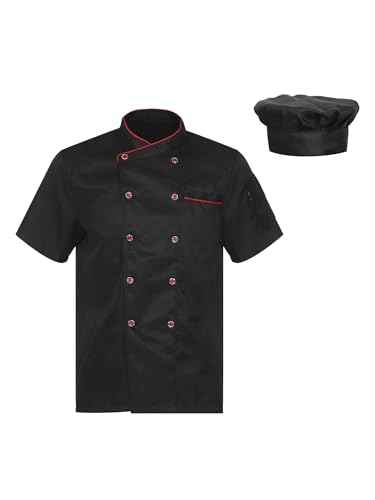 Freebily Herren Damen Kochjacke Chef Uniform Set Küchen Koch Jacke Mütze Gastromütze Set Restaurant Hotel Cafe Arbeitskleidung G_Schwarz-Kurzarm M von Freebily