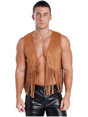 Freebily Herren Fransen Weste Hippie Cowboy Wildleder Weste Mit Fransen Und Nieten Retro Hippie Flower Power Kostüm Halloween Karneval Braun XL von Freebily