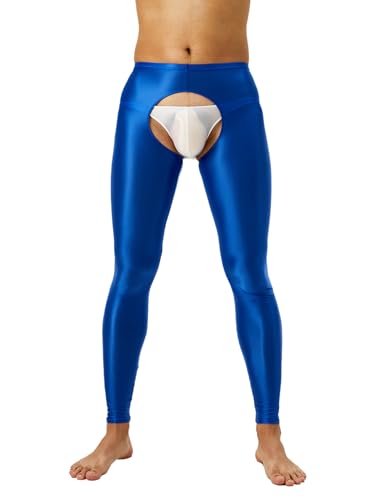 Freebily Herren Glänzende Leggings Nylon Öl Glanz Strumpfhose Offener Schritt Unterwäsche Lange Unterhose Feinstrumpfhose Hohe Taille Blau XXL von Freebily
