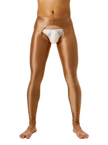 Freebily Herren Glänzende Leggings Nylon Öl Glanz Strumpfhose Offener Schritt Unterwäsche Lange Unterhose Feinstrumpfhose Hohe Taille Kaffee XXL von Freebily
