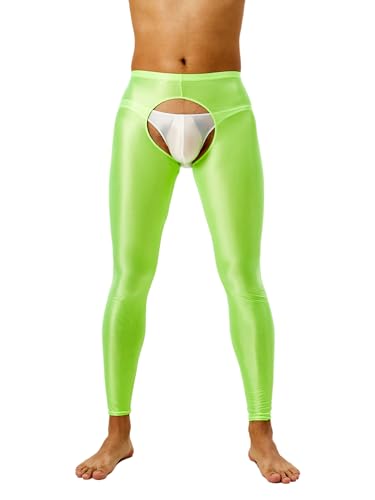 Freebily Herren Glänzende Leggings Nylon Öl Glanz Strumpfhose Offener Schritt Unterwäsche Lange Unterhose Feinstrumpfhose Hohe Taille Neongrün XXL von Freebily