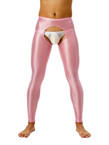 Freebily Herren Glänzende Leggings Nylon Öl Glanz Strumpfhose Offener Schritt Unterwäsche Lange Unterhose Feinstrumpfhose Hohe Taille Rosa XXL von Freebily