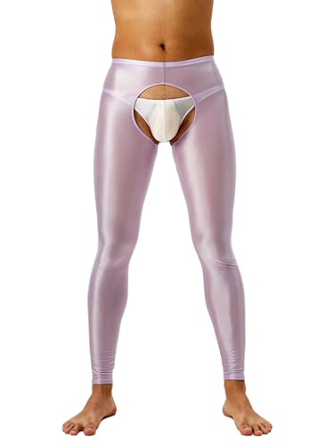 Freebily Herren Glänzende Leggings Nylon Öl Glanz Strumpfhose Offener Schritt Unterwäsche Lange Unterhose Feinstrumpfhose Hohe Taille Violett XXL von Freebily
