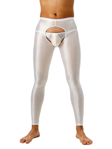 Freebily Herren Glänzende Leggings Nylon Öl Glanz Strumpfhose Offener Schritt Unterwäsche Lange Unterhose Feinstrumpfhose Hohe Taille Weiß XL von Freebily