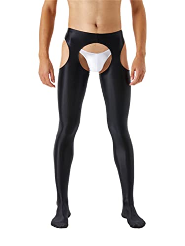 Freebily Herren Glanz Strumpfhose Leggings Transparent/Blickdicht Offener Schritt Unterwäsche Glossy Strapsstrumpfhose Straps-Stocking A_Schwarz XL von Freebily