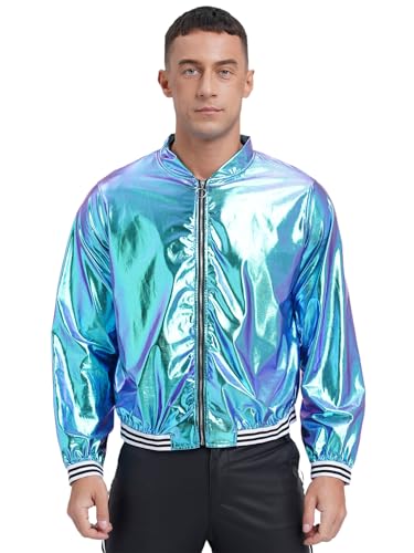Freebily Herren Metallic Jacke Mit Reißverschluss Glänzend Varsity Baseball Sportjacke Glitzer Disco Techno Party Nachtclub Oberteil Blau_A 3XL von Freebily