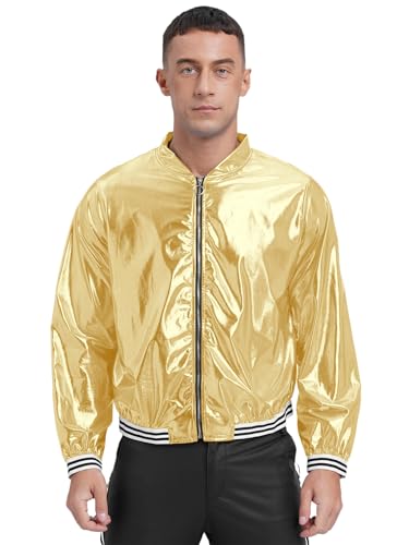 Freebily Herren Metallic Jacke Mit Reißverschluss Glänzend Varsity Baseball Sportjacke Glitzer Disco Techno Party Nachtclub Oberteil Gold_A L von Freebily