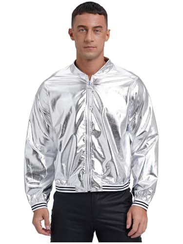 Freebily Herren Metallic Jacke Mit Reißverschluss Glänzend Varsity Baseball Sportjacke Glitzer Disco Techno Party Nachtclub Oberteil Silber_A L von Freebily