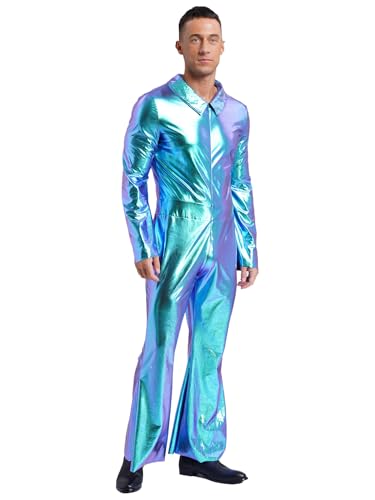 Freebily Herren Metallic Jumpsuit Glitzer 70er 80er Jahre Disco Overall Schlaghose Ganzkörper Fasching Kostüm Festival Party Clubwear Blau M von Freebily