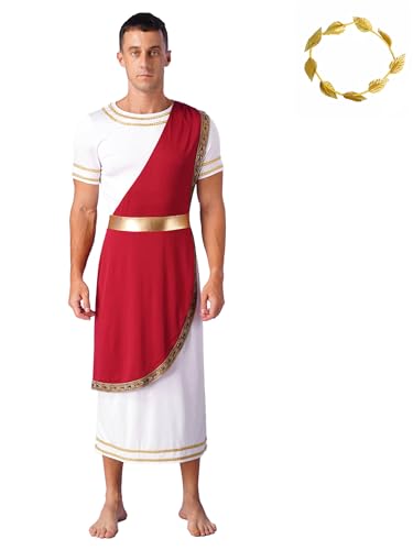 Freebily Herren Römische Griechische Götte Kostüme Weiß Toga Tunika Mit Gold Lorbeerkranz Stirnband Halloween Faschingskostüm Burgundy 3XL von Freebily