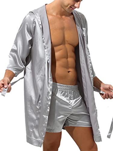 Freebily Herren Satin Bademantel Mit/Ohne Shorts Seide Drucken Morgenmantel Kimono Robe Lang Nachtwäsche Schlafanzug für Männer Grau_H M von Freebily