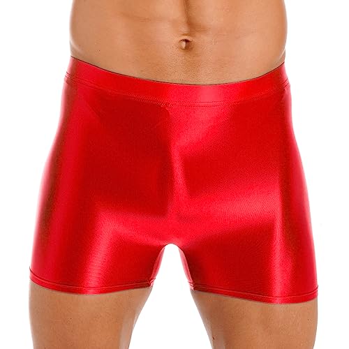 Freebily Herren Sexy Glatt Nylon Slip Unterwäsche Shorts Kurze Leggings Strumpfhosen Shiny Unterhose Höschen für Sport Schwimm Rot XL von Freebily