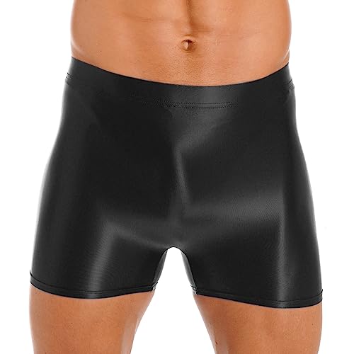 Freebily Herren Sexy Glatt Nylon Slip Unterwäsche Shorts Kurze Leggings Strumpfhosen Shiny Unterhose Höschen für Sport Schwimm Schwarz L von Freebily