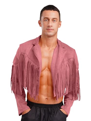 Freebily Herren Western Cowboy Lederjacke Mit Fransen Wildleder Indianer Ranger Mantel Halloween Faschingskostüm Rosa XL von Freebily
