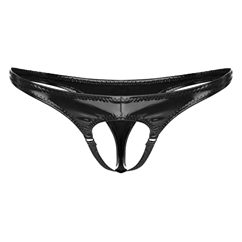 Freebily Herren Wetlook Jockstrap Ouvert String Tanga mit Penisring Erotische Unterwäsche Lackleder Unterhose Sexy Bikini Slips Schwarz_F M von Freebily