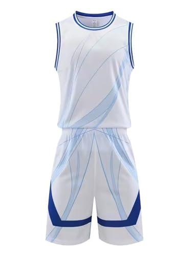 Freebily Jungen Basketball Trikot Ärmellos Und Elastische Kurze Hose 2er Set Kinder Basketball Trainings Kleidung Weiß&Blau 158-164 von Freebily