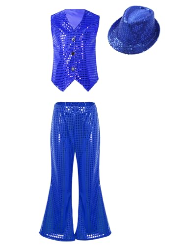 Freebily Jungen Mädchen Kinder Glitzer Outfit Disco Jazz Kleidung Hip Hop Tanzkleidung Pailletten Weste Schlaghose Glitzerhut Festival Party Trainingsanzug Blau_A 134-140 von Freebily