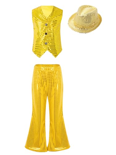 Freebily Jungen Mädchen Kinder Glitzer Outfit Disco Jazz Kleidung Hip Hop Tanzkleidung Pailletten Weste Schlaghose Glitzerhut Festival Party Trainingsanzug Gold_A 134-140 von Freebily