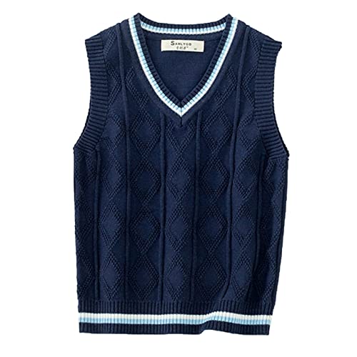 Freebily Jungen Mädchen Pullunder Ärmellos Klassische V-Ausschnitt Strickweste Gestrickte Pullover Weste für Frühling Herbst Winter D_Dunkelblau 110-116/5-6 Jahre von Freebily