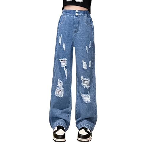 Freebily Kinder Baby Mädchen Jeans Mode Zerrissen Jeanshose Loose Denim Freizeithose Baggy Hose Hohe Taille Hip Hop Streetwear Pants Blau Z 134-140 von Freebily