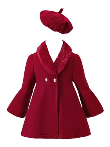 Freebily Kinder Baby Mädchen Mantel Klassische Wollmantel Kunstfell-Kragen Jacke Mit/Ohne Baskenmütze Set Warme Winter Herbst Kleidung Rot 98-104 von Freebily