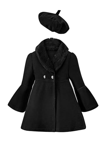 Freebily Kinder Baby Mädchen Mantel Klassische Wollmantel Kunstfell-Kragen Jacke Mit/Ohne Baskenmütze Set Warme Winter Herbst Kleidung Schwarz 104-110 von Freebily