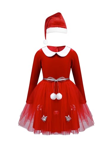 Freebily Kinder Baby Mädchen Weihnachtskostüm Kleid Weihnachten Elf Kostüm Santa Claus Nikolaus Kostüm Christmas Xmas Party Outfit gr. 80-176 Rot&Hut 134-140 von Freebily