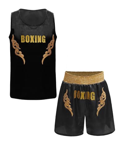 Freebily Kinder Boxen Kickboxen Kleidung Jungen Trainingsanzug Muay Thai Short Shirt 2er Set Kampfsport Wettkampf Leistung Outfit Schwarz&Gold 134-140 von Freebily