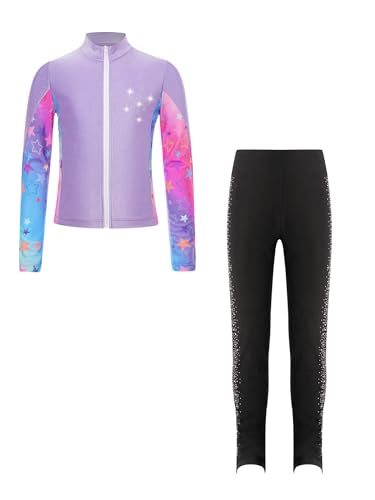 Freebily Kinder Eiskunstlauf Anzug Mädchen Bedruckte Jacke Glitzer Strass Eiskunstlauf Hose Set Wettkampf Workout Sport Outfit Skating Suit Violett 122-128 von Freebily