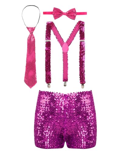 Freebily Kinder Glitzer Outfits Glitter Pailletten Hosenträger Krawatte Fliege Shorts Set Silvester Disco Tanz Party Performance Festival Kostüm Hotpink_A 146-176 von Freebily