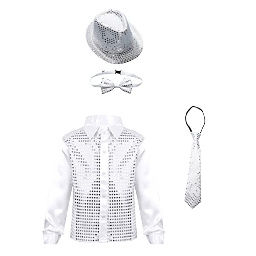 Freebily Kinder Jungen Disco Outfits Glitter Hemd Pailletten Fedora Trilby Hut Paillettenkrawatte Fliege Jazz Latin Silvester Party Show Kostüm Foto Requisiten A_Weiß 122-128 von Freebily