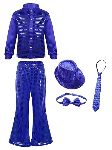 Freebily Kinder Jungen Disco Outfits Glitter Hemd Pailletten Fedora Trilby Hut Paillettenkrawatte Fliege Jazz Latin Silvester Party Show Kostüm Foto Requisiten C_Blau 134-140 von Freebily