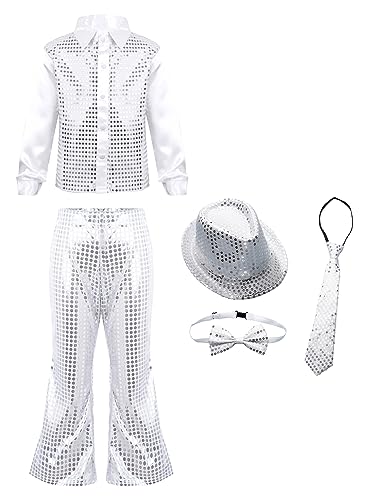 Freebily Kinder Jungen Disco Outfits Glitter Hemd Pailletten Fedora Trilby Hut Paillettenkrawatte Fliege Jazz Latin Silvester Party Show Kostüm Foto Requisiten C_Silber 122-128 von Freebily