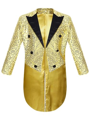 Freebily Kinder Jungen Frack Glitzer Pailletten Smoking Anzug Jacke Mantel Gentelman Jackett Tailcoat Karneval Party Show Outfits Gold 122-128 von Freebily