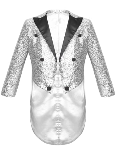 Freebily Kinder Jungen Frack Glitzer Pailletten Smoking Anzug Jacke Mantel Gentelman Jackett Tailcoat Karneval Party Show Outfits Silber 110-116/5-6 Jahre von Freebily