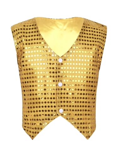 Freebily Kinder Jungen Glänzend Weste Anzugweste Hip Hop Kleidung Pailletten Weste Festlich Hochzeit Tanz Kostüm Chor Jazz Dancewear Gold 122-128/7-8 Jahre von Freebily