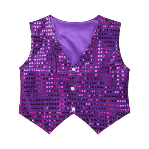 Freebily Kinder Jungen Glänzend Weste Anzugweste Hip Hop Kleidung Pailletten Weste Festlich Hochzeit Tanz Kostüm Chor Jazz Dancewear Lila 134-140/9-10 Jahre von Freebily