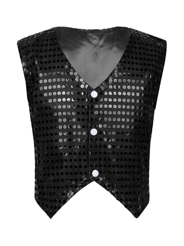 Freebily Kinder Jungen Glänzend Weste Anzugweste Hip Hop Kleidung Pailletten Weste Festlich Hochzeit Tanz Kostüm Chor Jazz Dancewear Schwarz 122-128/7-8 Jahre von Freebily